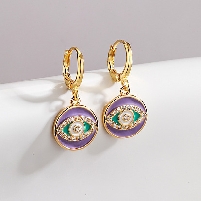 Bohemian-style 18K gold-plated copper drop earrings with oil drip and evil eye zircon stones for women.