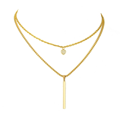 Double Layers Iron & Brass Cubic Zirconia & 304 Stainless Steel Pendant Necklaces, Heart & Cuboid