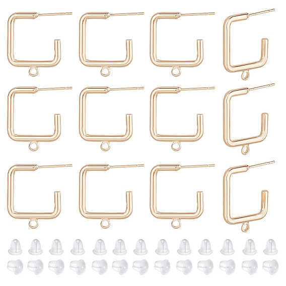 16шт. латунные квадратные серьги-гвоздики, серьги полукольца с горизонтальными петлями, без никеля , с 40 пластиковыми ушными гайками