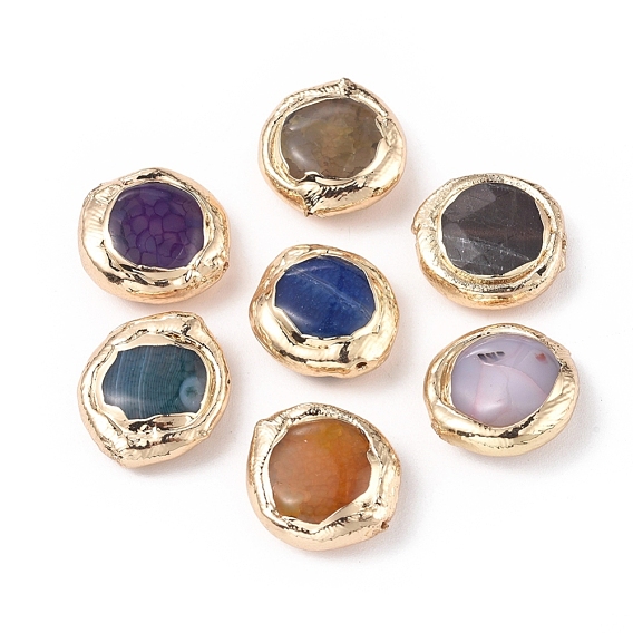 Природных бисера агат, с позолоченным латунным краем, плоско-круглые