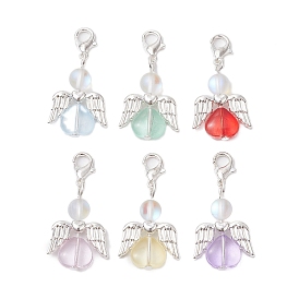 Angel Glass & Alloy & Synthetic Moonstone Pendant Decoration, with Alloy Lobster Claw Clasps