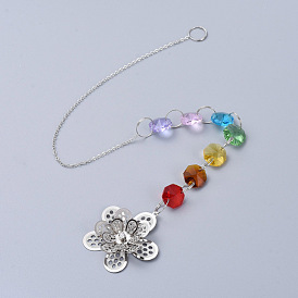 Lustre suncatchers prismes pendentif en verre octogon chakra suspendu, avec strass cristal, pendentif fleur en fer et chaîne câblée, facette