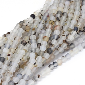 Natural Dendritic Agate Beads Strands, Frosted, Round