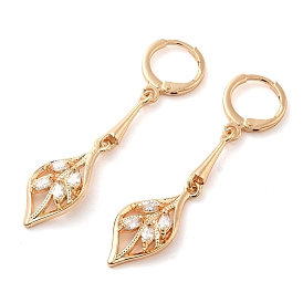 Rack Plating Golden Brass Dangle Leverback Earrings, with Cubic Zirconia, Leaf