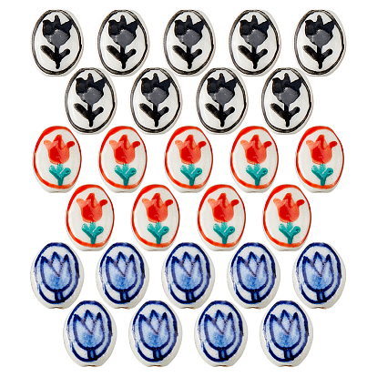 27шт 3 цвета фарфоровые бусины ручной работы, овал с рисунком тюльпана, пастельный фарфор