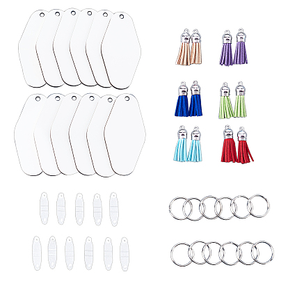 DIY Sublimation Blanks Keychain Making Kit, with MDF Board Heat Transfer Rhombus Pendants, Iron Split Key Rings and Suede Tassels