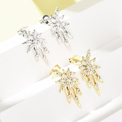 Star Brass Micro Pave Clear Cubic Zirconia Stud Earrings, Cadmium Free & Lead Free, Rack Plating, Long-Lasting Plated