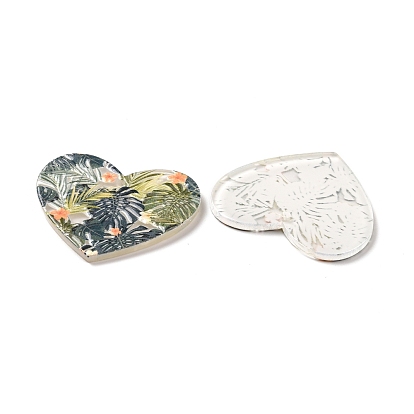 Printed Transparent Acrylic Pendants, Heart with Leaf Pattern