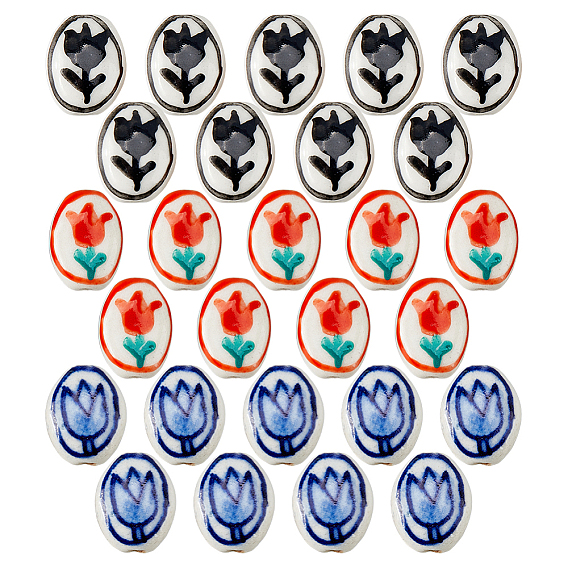 27шт 3 цвета фарфоровые бусины ручной работы, овал с рисунком тюльпана, пастельный фарфор