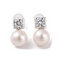 Sterling Silver Stud Earrings, with Natural Pearl and Cubic Zirconia, Jewely for Women