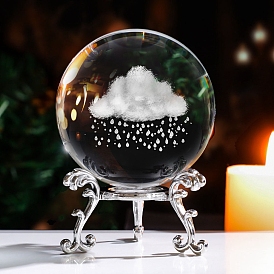 Inner Carving Cloud & Rain Glass Crystal Ball Diaplay Decoration, with Alloy Pedestal, Fengshui Home Decor