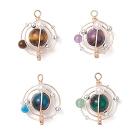 4Pcs 4 Colors Natural Tiger Eye & Shell Pearl Pendants, Planet Charms with Copper Wire, Light Gold, Mixed Dyed and Undyed