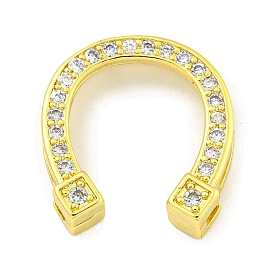 Rack Plating Brass Micro Pave Clear Cubic Zirconia Slide Charms, Long-Lasting Plated, Cadmium Free & Lead Free, Horseshoe