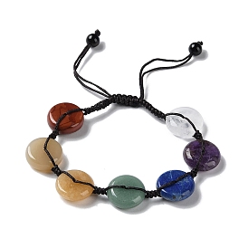 Donut/Pi Disc Natural Mixed Gemstone Braided Bead Bracelets, Chakra Theme Adjustable Bracelet