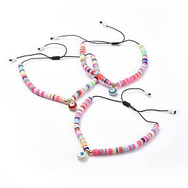 Adjustable Nylon Thread Braided Beads Bracelets, with Polymer Clay Heishi Beads, Round Glass Seed Beads/Heishi Beads, Brass Beads and Flower Brass Enamel Charms