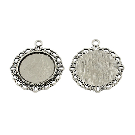 Aleación de zinc estilo tibetano planas cabujones colgantes redondos Bisel ajustes, sin plomo y el cadmio, 34x30x2 mm, agujero: 3 mm, Bandeja: 20 mm, Sobre 110 unidades / 500 g