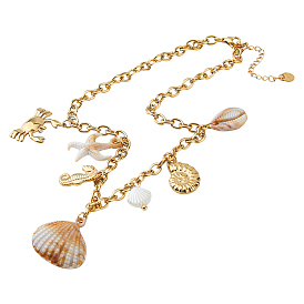 1Pc 304 Stainless Steel & Natural Cowrie Shell Pendant Bib Necklaces for Women, Seashell Color