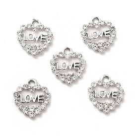 Alloy Rhinestone Pendants, Platinum Tone Hollow Out Heart with Word Love Charms