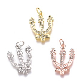 Brass Micro Pave Clear Cubic Zirconia Pendants, Long-Lasting Plated, With Jump Rings, Three Teeth Fork