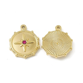 Vacuum Plating 201 Stainless Steel Pendants, Rose Rhinestone Flat Round with Star Charms