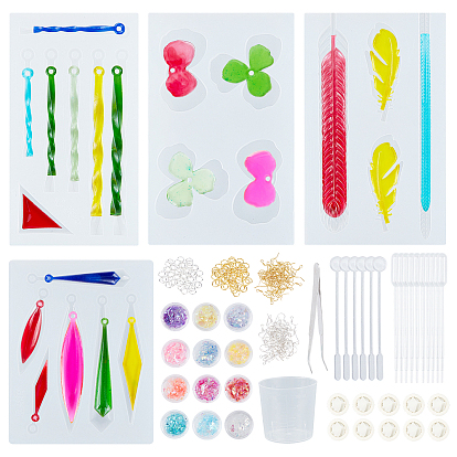 Boucles d'oreilles diy, avec des moules en silicone pendant, anneaux de saut en fer et crochets de boucle d'oreille, paillettes à paillettes, tige d'agitation en plastique et pipettes et tasse à mesurer, doigtiers en latex, pince à épiler