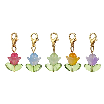 Flower Natural Jade & Glass Pendant Decooration, Zinc Alloy Lobster Claw Clasps Charm