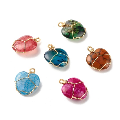Pendentifs en agate, avec de vrais résultats de fil de cuivre plaqué or 18k, teint, cœur