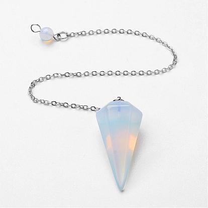 Gemstone Hexagonal Pointed Dowsing Pendulums, with Brass Findings, Platinum, Faceted