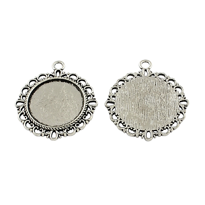 Aleación de zinc estilo tibetano planas cabujones colgantes redondos Bisel ajustes, sin plomo y el cadmio, 34x30x2 mm, agujero: 3 mm, Bandeja: 20 mm, Sobre 110 unidades / 500 g