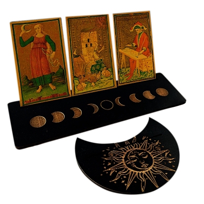 Wooden Tarot Card Display Stands, Moon/Moth/Sun Pattern Tarot Holder for Divination, Tarot Decor Tools, Moon with Rectangle