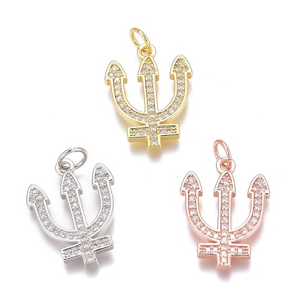 Brass Micro Pave Clear Cubic Zirconia Pendants, Long-Lasting Plated, With Jump Rings, Three Teeth Fork