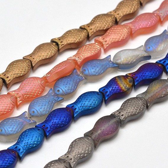 Frosted Electroplate Glass Fish Beads Strands, 15x8x5mm, Hole: 1mm, about 30pcs/strand, 16 inch