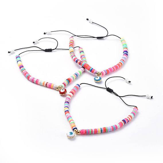 Adjustable Nylon Thread Braided Beads Bracelets, with Polymer Clay Heishi Beads, Round Glass Seed Beads/Heishi Beads, Brass Beads and Flower Brass Enamel Charms