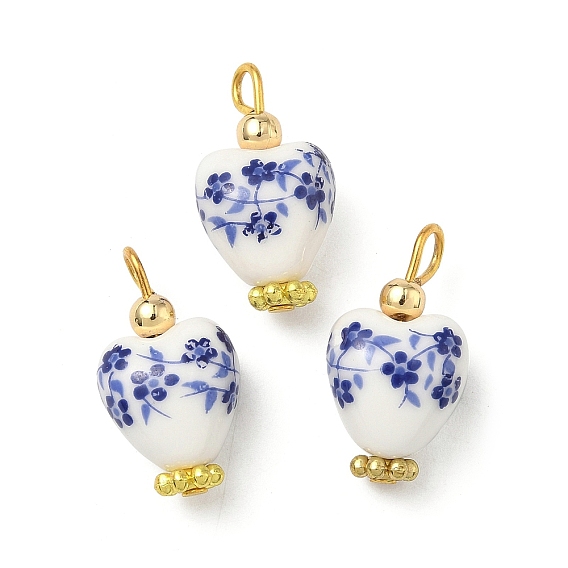 Подвески из фарфора ручной работы с принтом, с железными петлями, подвески в виде сердца с цветочным узором