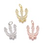 Brass Micro Pave Clear Cubic Zirconia Pendants, Long-Lasting Plated, With Jump Rings, Three Teeth Fork