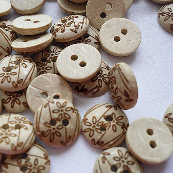 Carved 2-hole Basic Sewing Buttonr., Coconut Button, 12mm, 100pcs/bag