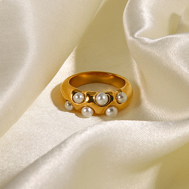 Vintage French Pea Pod Pearl Ring, 18K Gold Plated Titanium Steel Women's Ring