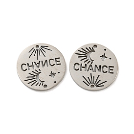 316L Stainless Steel Hollow Connector Charms, Laser Cut Flat Round with Word Chance