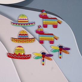 Mexico Theme Printed Acrylic Pendants, Sombrero/Pinata Rainbow Horse/Dragonfly Charms