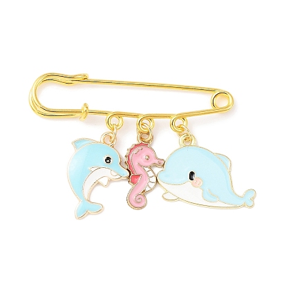Sea Animal Alloy Enamel Charm Brooches, Brass Kilt Pins, Whale/Sea Horse/Dolphin, for Women