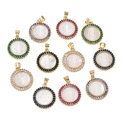 Религия латунь микро проложить цирконий подвески, с оболочкой, плоский круглый со святыми подвесками, стойки покрытие, долговечный, без кадмия и без свинца, реальный 18 k позолоченный