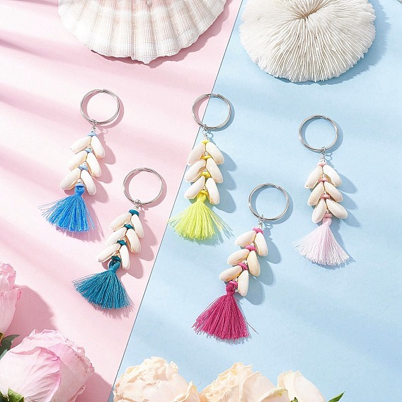 Брелки с подвеской-кисточкой из натурального поликоттона (полиэстер-хлопка), с железными разрезными брелоками, гальванизированные немагнитные синтетические гематитовые бусины и бусины из полимерной глины, платина