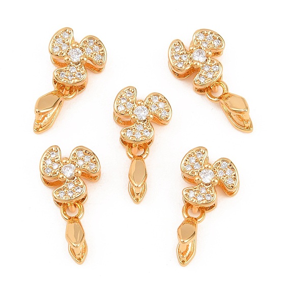 SHEGRACE Brass Micro Pave Cubic Zirconia Ice Pick Pinch Bails, Clover, Cadmium Free & Lead Free & Nickel Free, Long-Lasting Plated