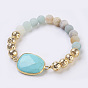 Electroplated Natural Lava Rock and Natural Gemstone Stretch Bracelets, Round & Trapezoid, Golden