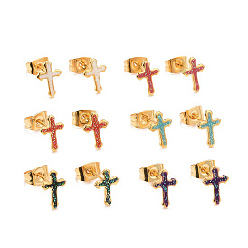 304 Stainless Steel Enamel Stud Earrings, with 316 Surgical Stainless Steel Pin & Glitter Powder, Golden, Cross