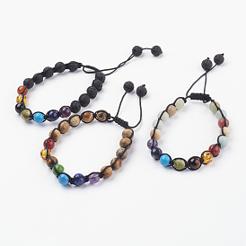 Chakra bijoux, bracelets réglables de pierre gemme et de tressage de résine, bracelet noeud carré en fil de nylon, ronde