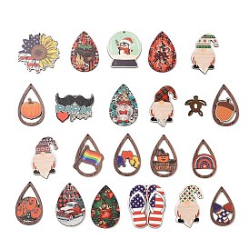 Printed Wood Pendants, Gnome & Teardrop & Flip Flops, Mixed Shapes