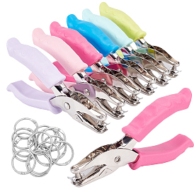 12Pcs 6 Colors Iron Round Single Hole Puncher, with TPR Handle and 14Pcs Iron Loose Leaf Book Binder Hinged Rings