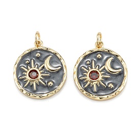 Brass Micro Pave Cubic Zirconia Pendants, with Enamel and Jump Rings, Flat Round with Moon & Star