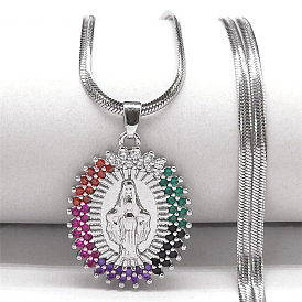 Brass Pave Colorful Cubic Zirconia Virgin Mary Pendant Necklaces, 304 Stainless Steel Snake Chain Necklaces